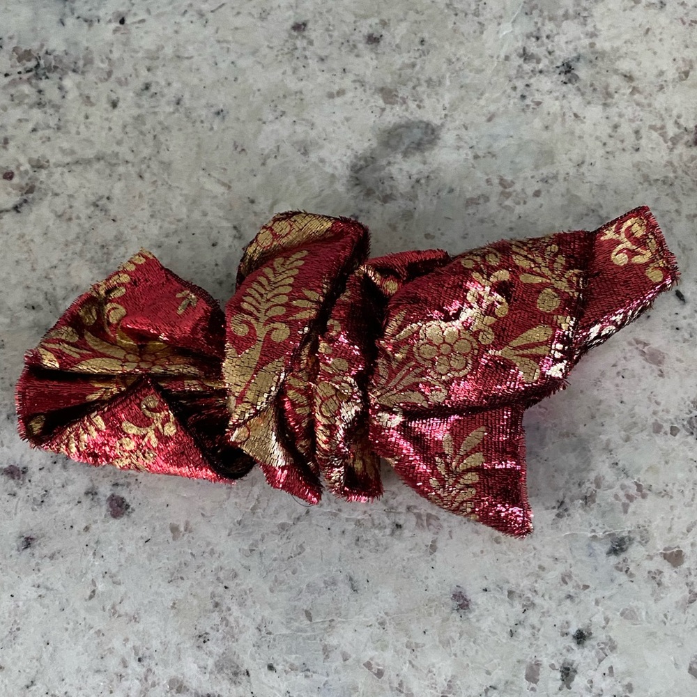 Vintage Large Red & Gold Multicolored Fabric Hair Bow Silky Clip Barrette